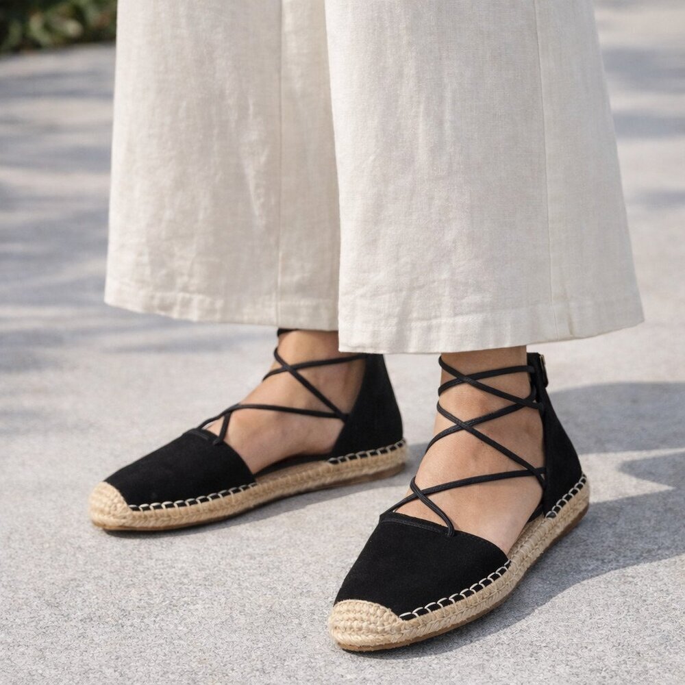 Eileen Fisher Black Suede Espadrille Flats Ankle Wrap Zip Women 8.5